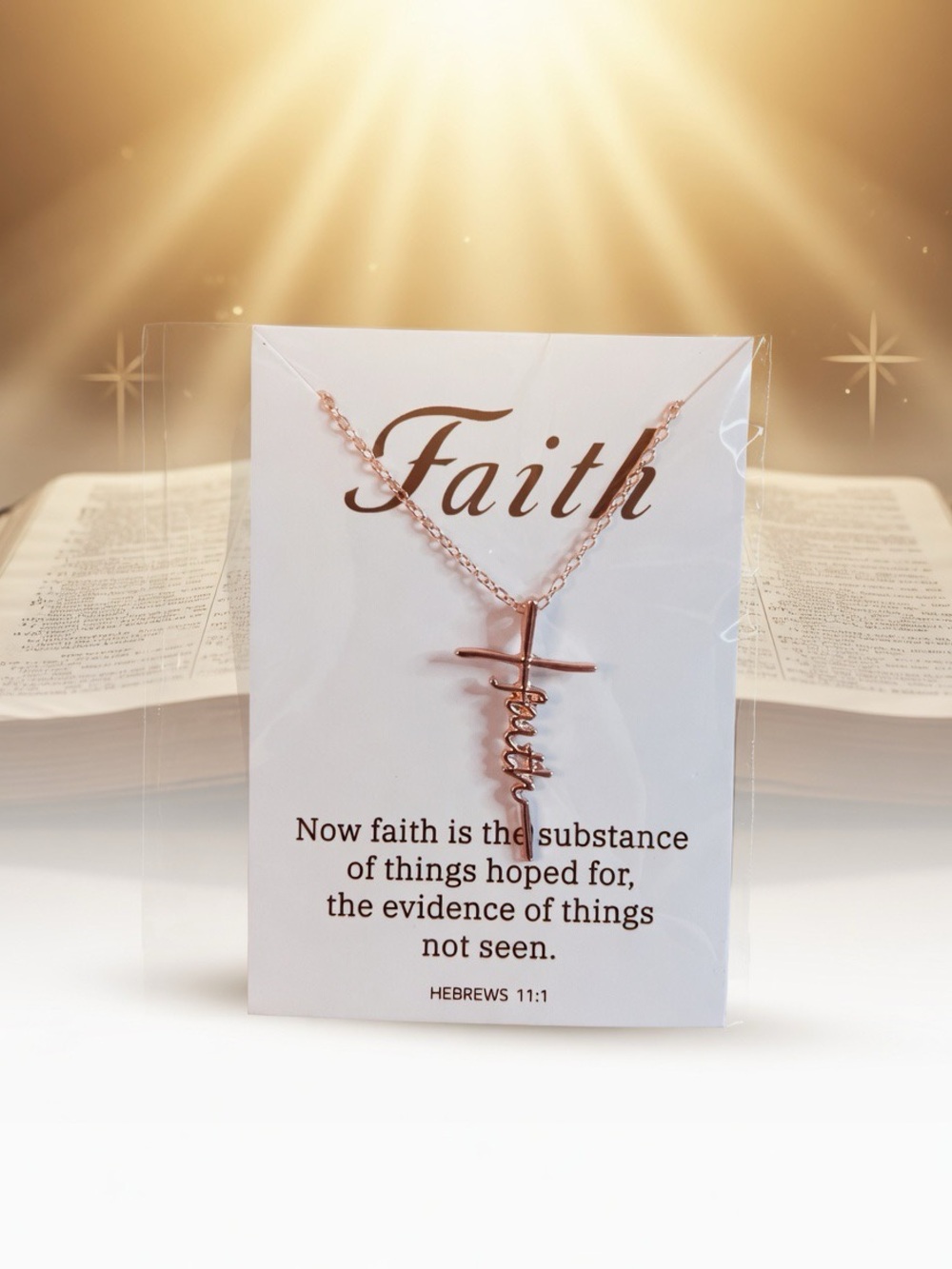 Faith Cross Rose Gold Necklace - Hebrews 11:1 Christian Jewelry